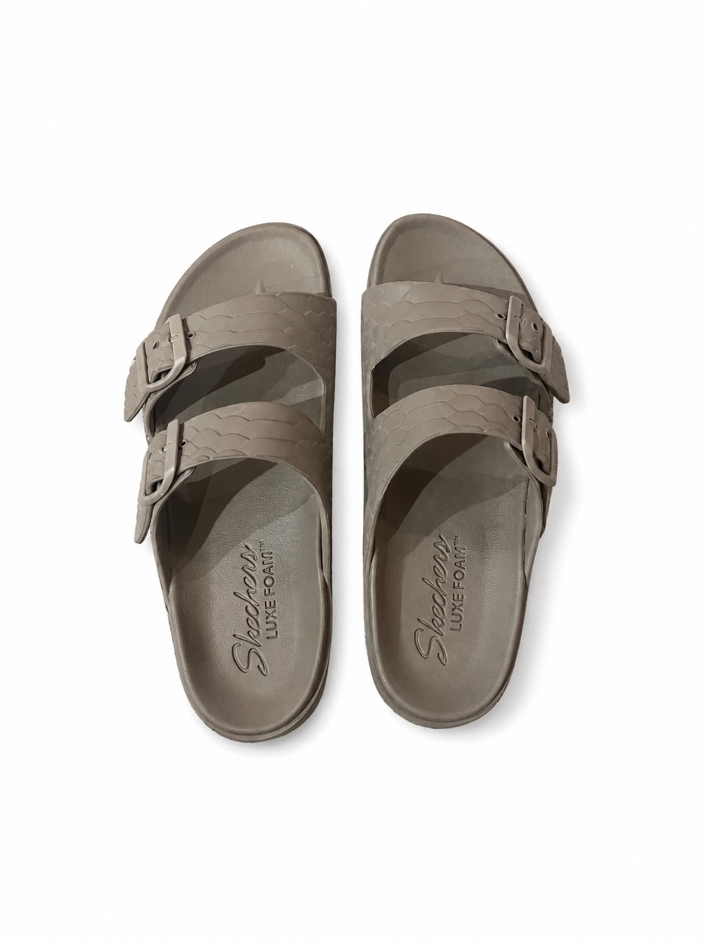 Skechers Double-Buckle Slide Sandals in Taupe
